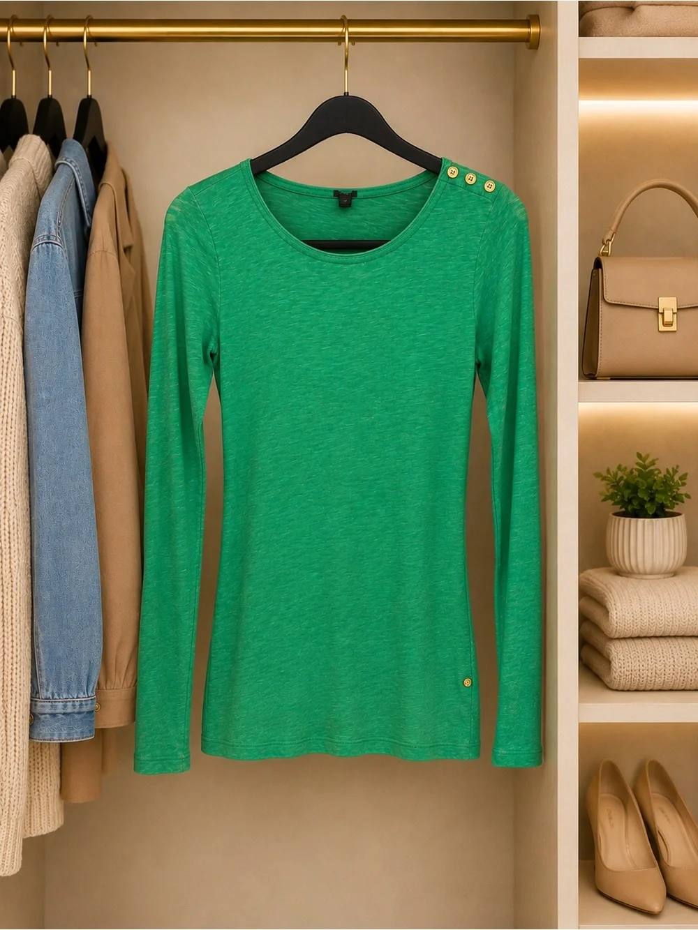 J Crew Green Long-Sleeve Button-Shoulder Women's Top